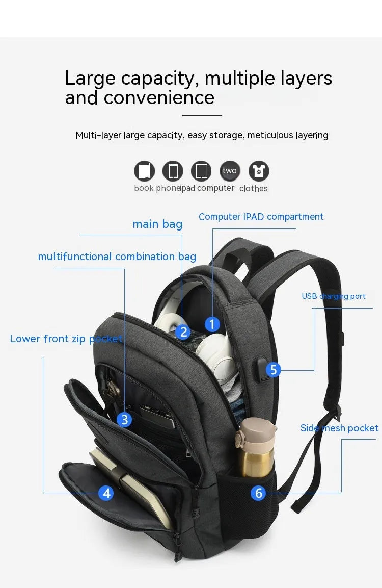 Light grey nylon backpack with USB charging port showing dimensions and trolley case attachment
