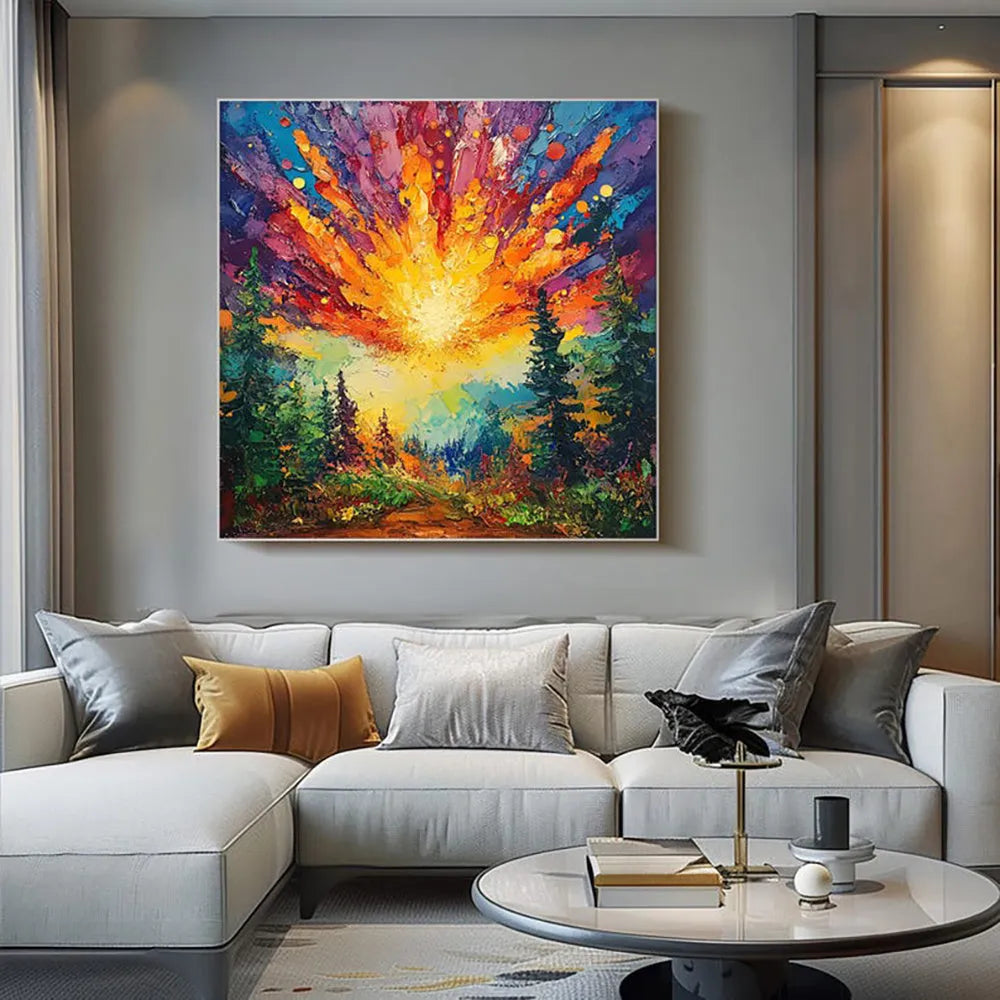 Hand-painted oil painting of sun rising in deep forest with brilliant light, modern landscape canvas art on wall