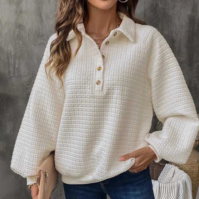 Women's milky white thick knit sweater with a polo collar.