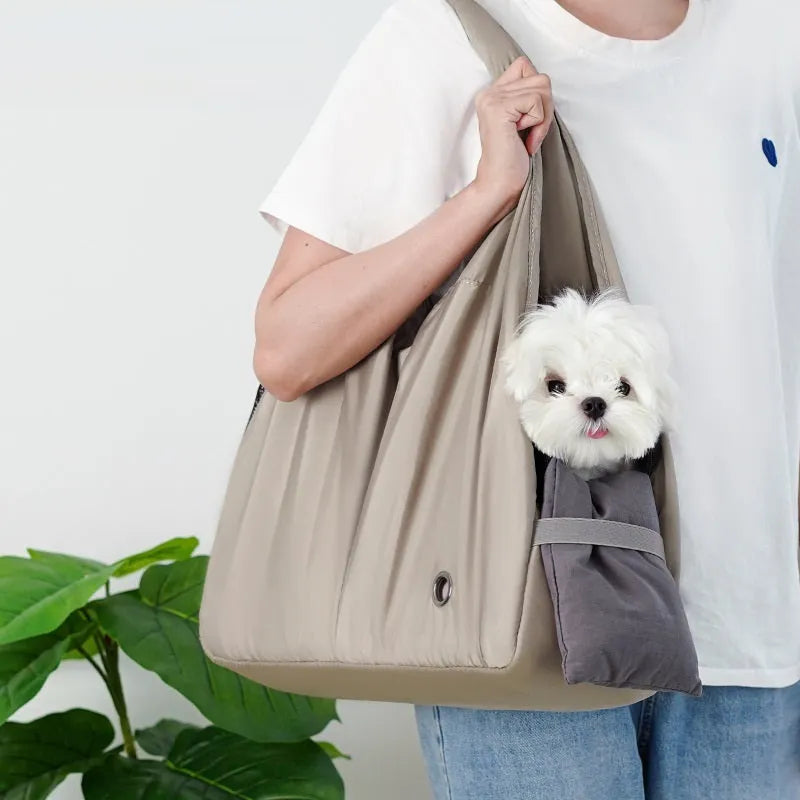 Apricot-coloured cloth pet carrier handbag for small dogs and cats showing medium size