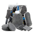 Nine-piece gray car wash cleaning set with gloves, sponge, brush, wipes, and microfiber towels
