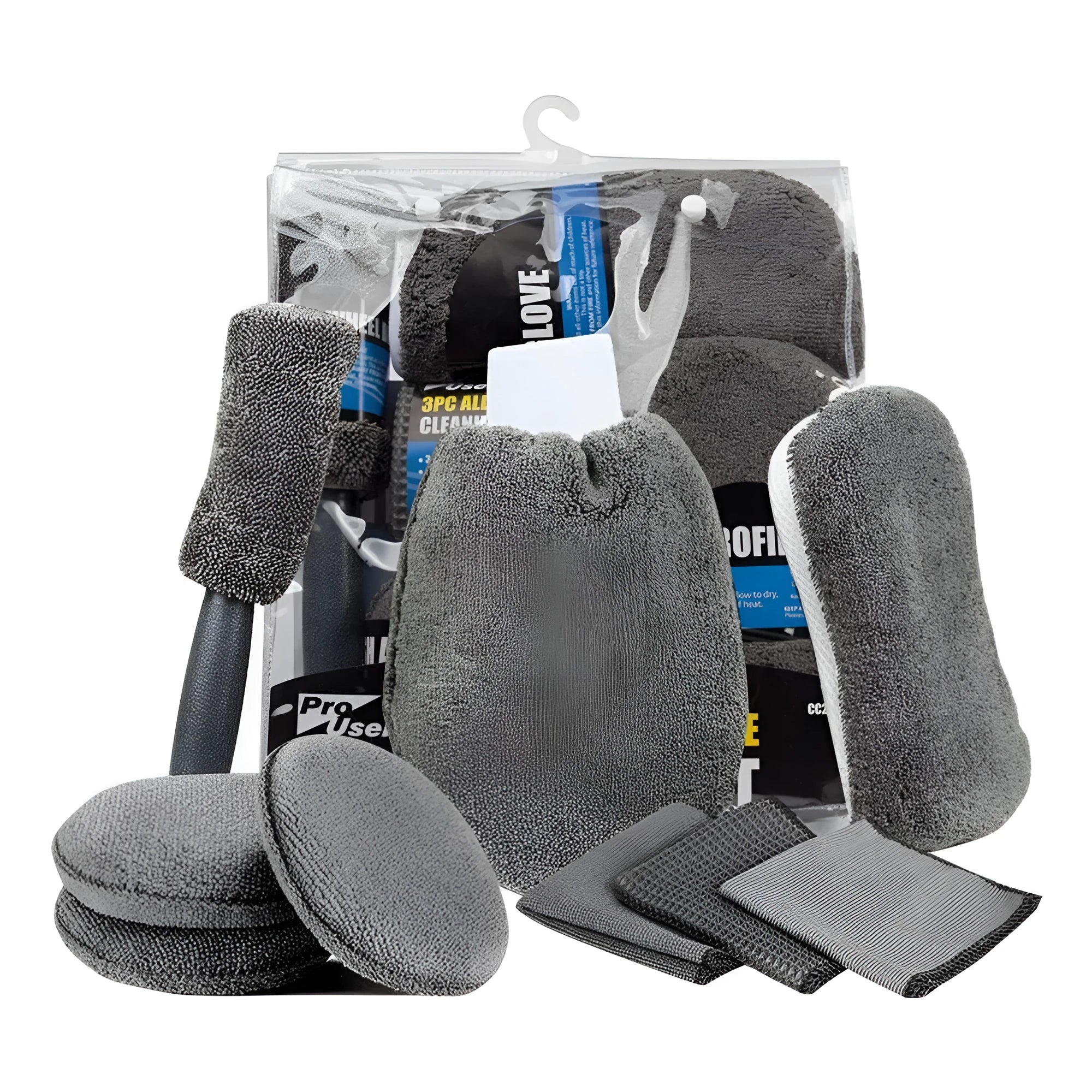 Nine-piece gray car wash cleaning set with gloves, sponge, brush, wipes, and microfiber towels