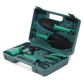 Camouflage garden tool set with two shovels, rake, scissor, kettle, and spray bottle in a green plastic case