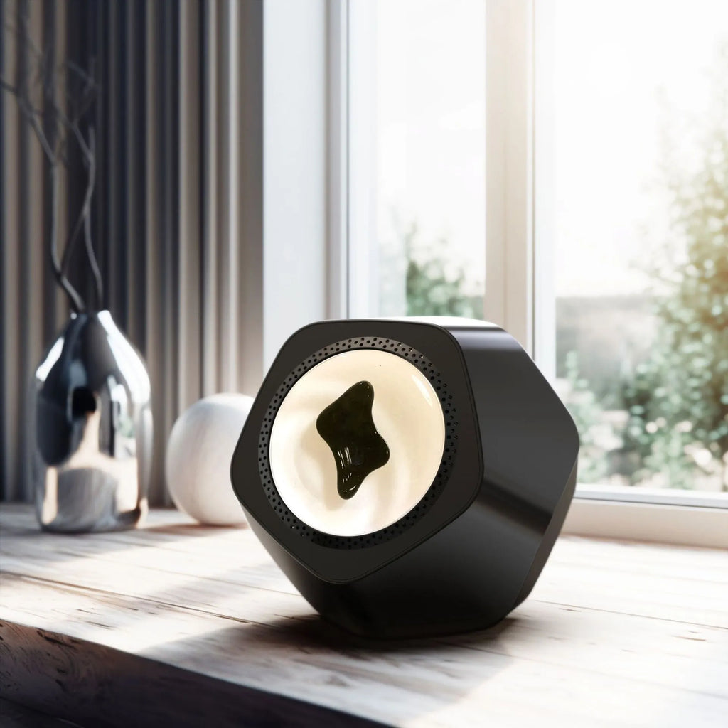 Floating magnetic fluid audio ornament Bluetooth speaker in black with magnetic patterns visible