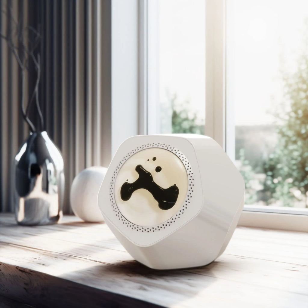 Floating magnetic fluid audio ornament Bluetooth speaker in black with magnetic patterns visible