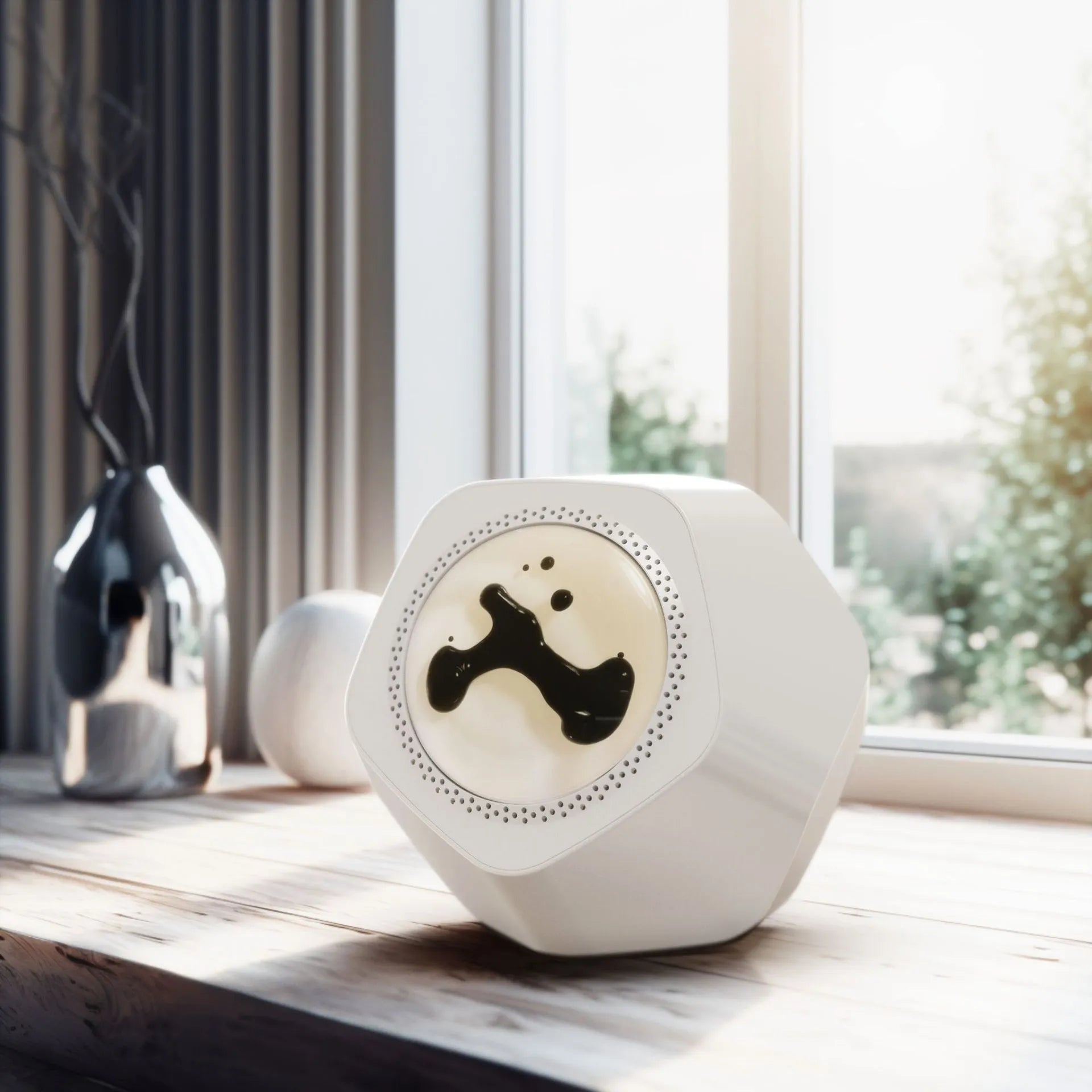 Floating magnetic fluid audio ornament Bluetooth speaker in black with magnetic patterns visible