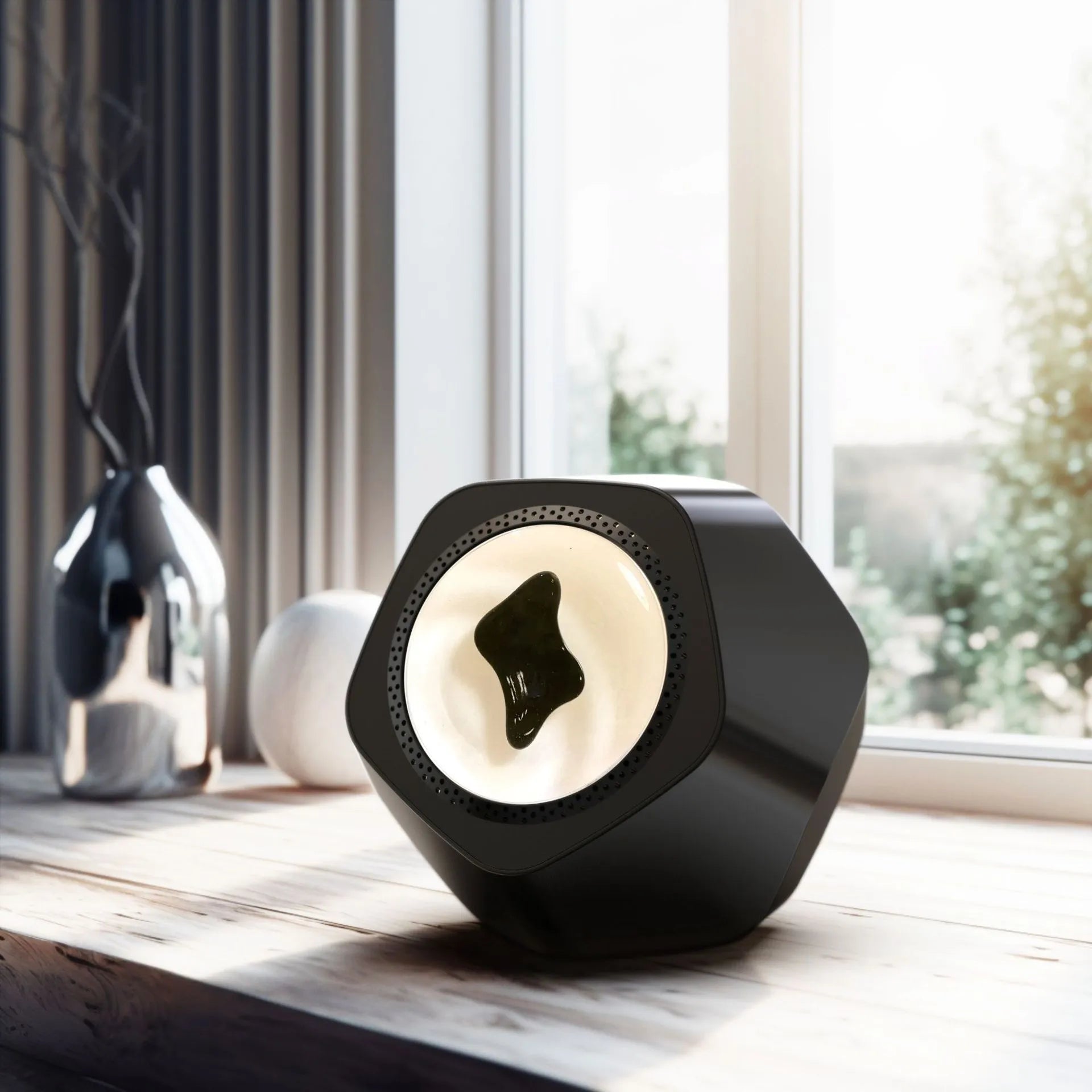 Floating magnetic fluid audio ornament Bluetooth speaker in black with magnetic patterns visible