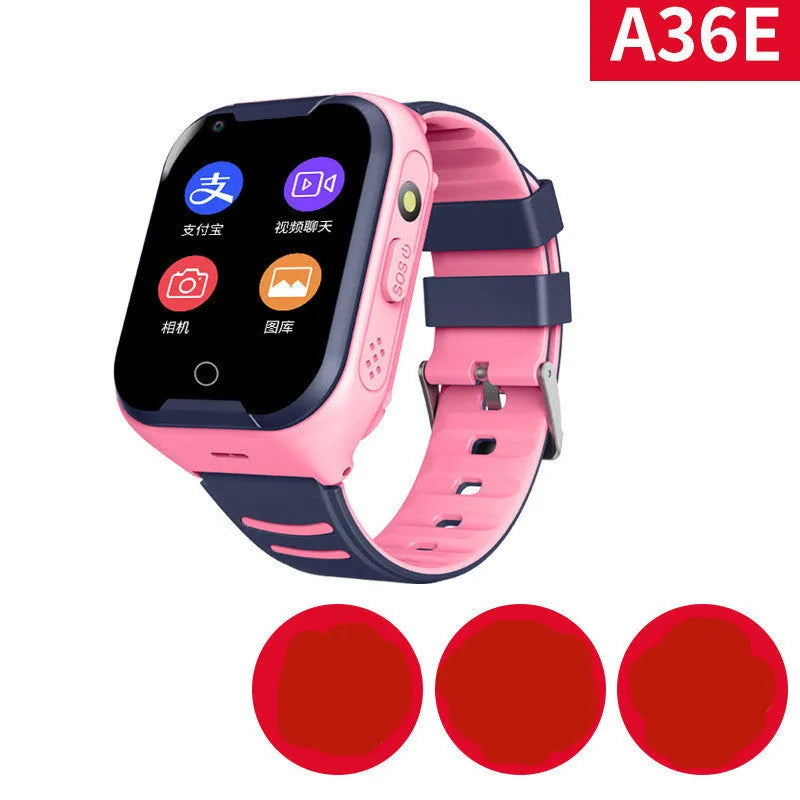A child's blue silicone strap smartwatch with a touchscreen showing a video call interface.