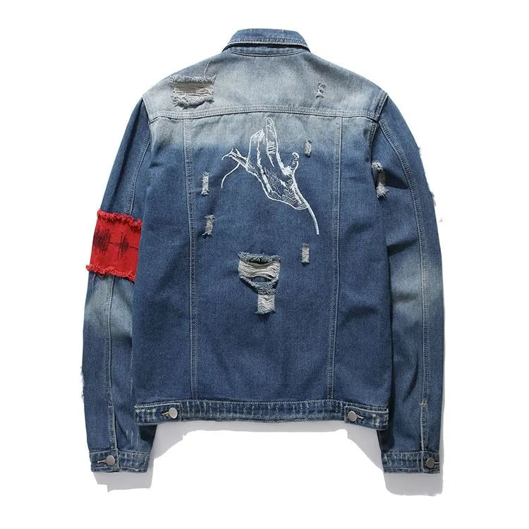 Blue embroidered cotton denim jacket button front casual long sleeve outerwear