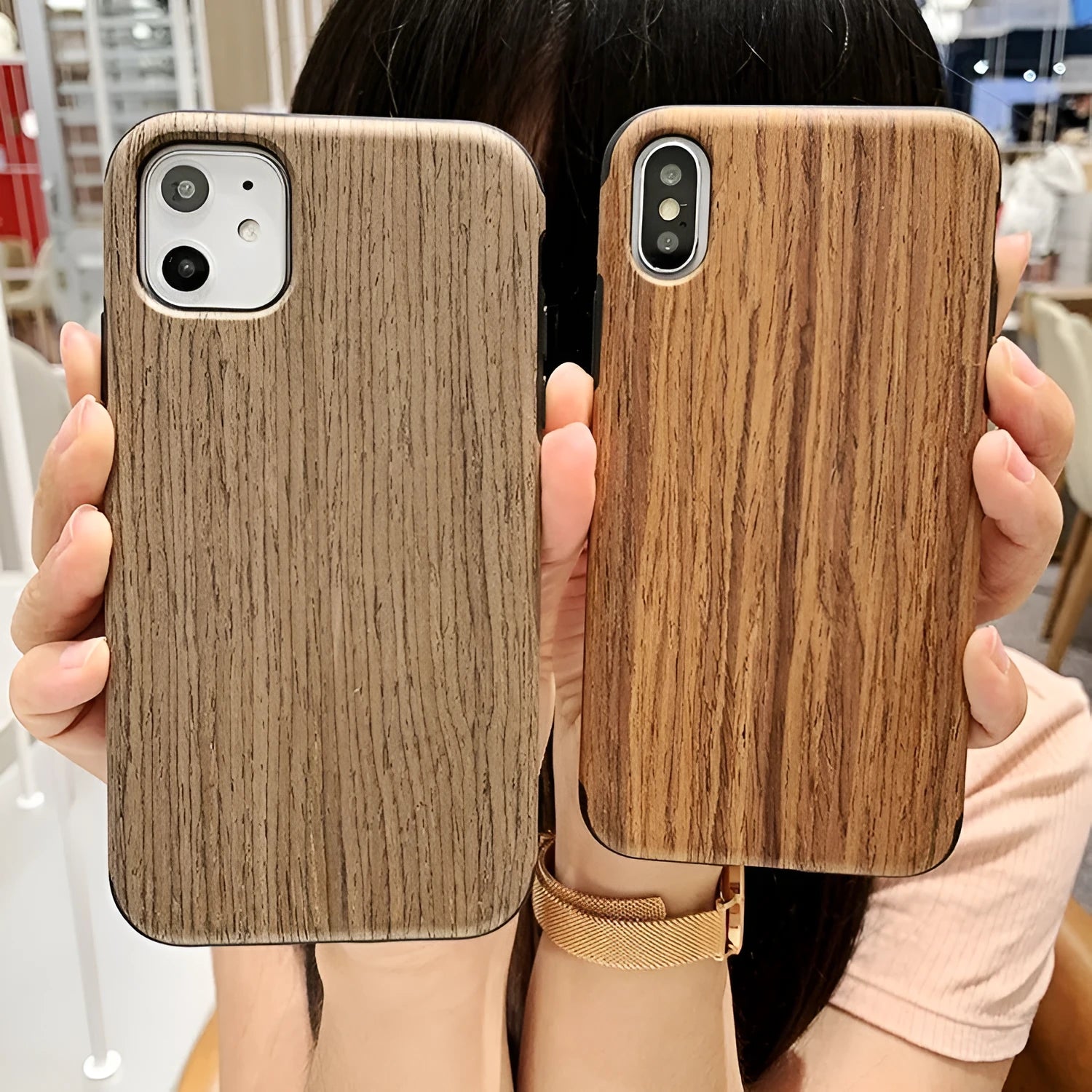 Wooden iPhone back cover case in rosewood finish showing natural wood grain
