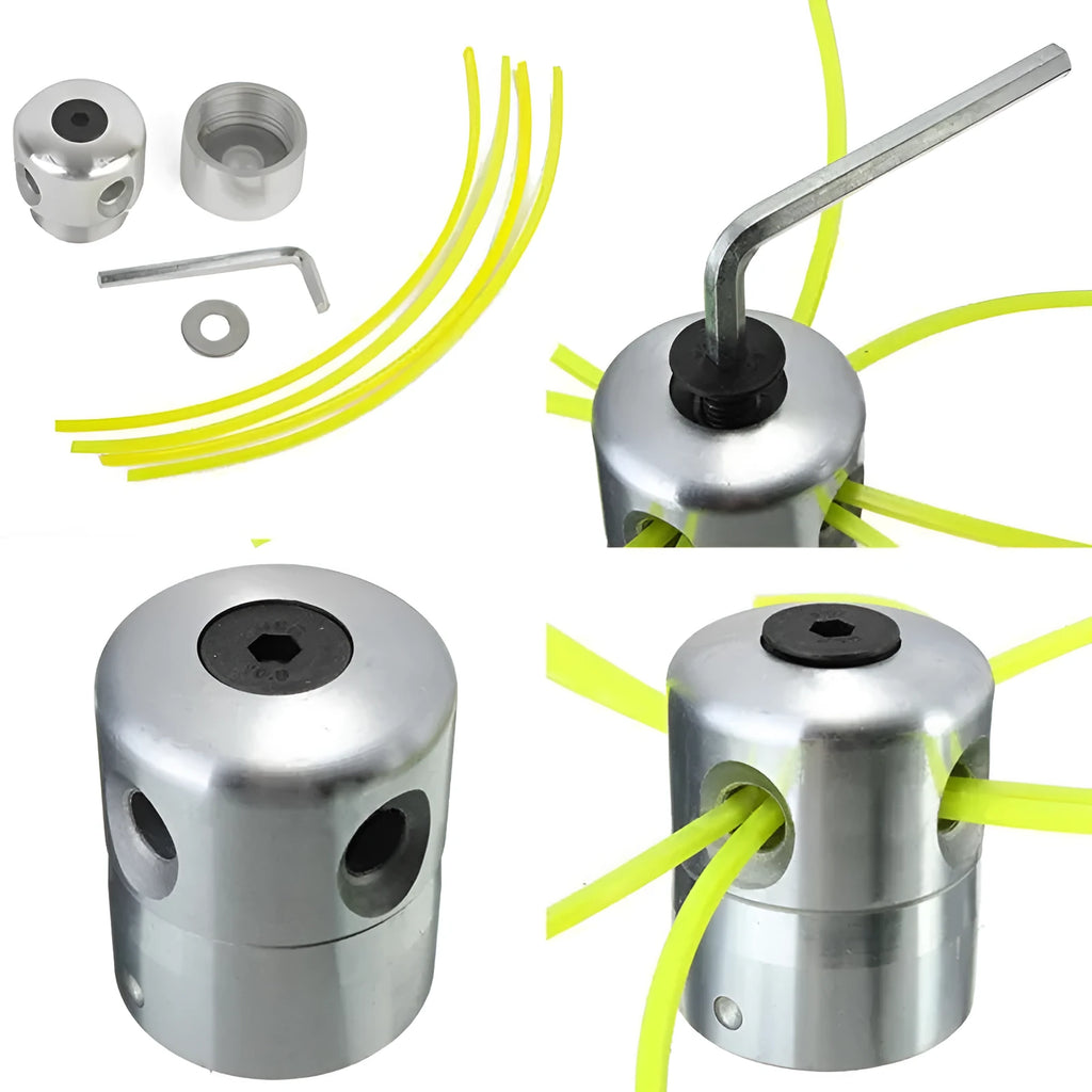 Silver aluminium lawn mower grass trimmer head replacement kit with four light yellow grass ropes
