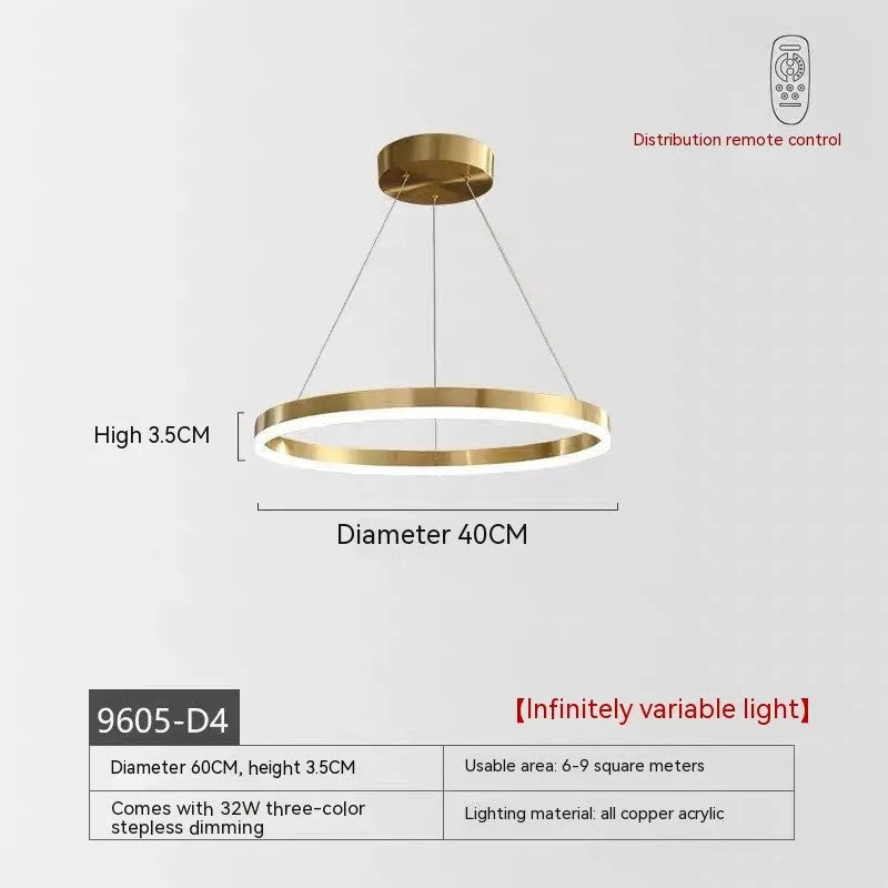 Modern copper and acrylic circle chandelier with remote control for living room ceiling