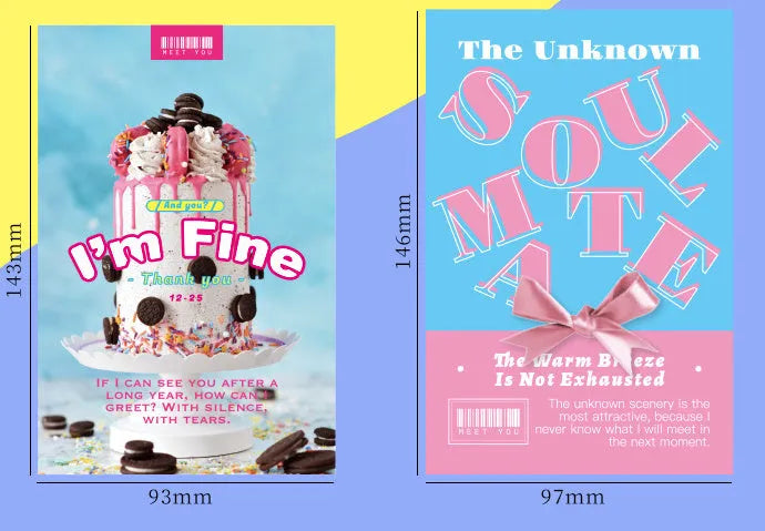 Two designs of fresh-style printed postcards showing artwork fronts and blank backs for messages.