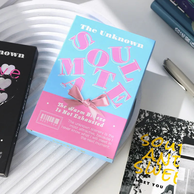 Two designs of fresh-style printed postcards showing artwork fronts and blank backs for messages.
