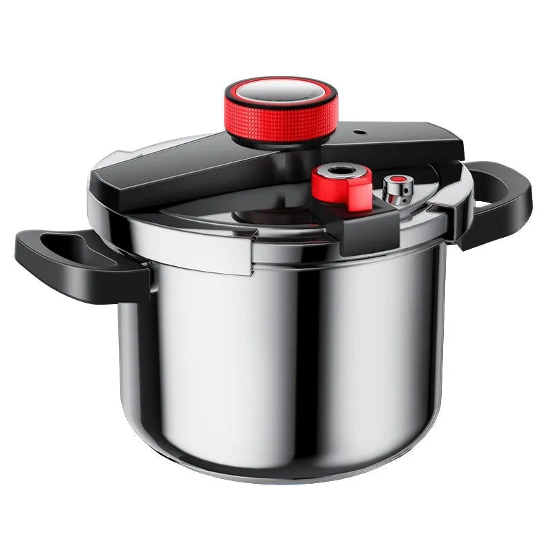 Stainless steel stovetop pressure cooker with a black handle and three-speed pressure lid on a kitchen counter.