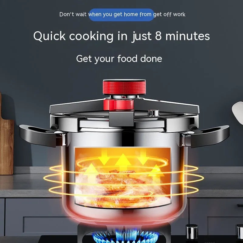 Stainless steel stovetop pressure cooker with a black handle and three-speed pressure lid on a kitchen counter.