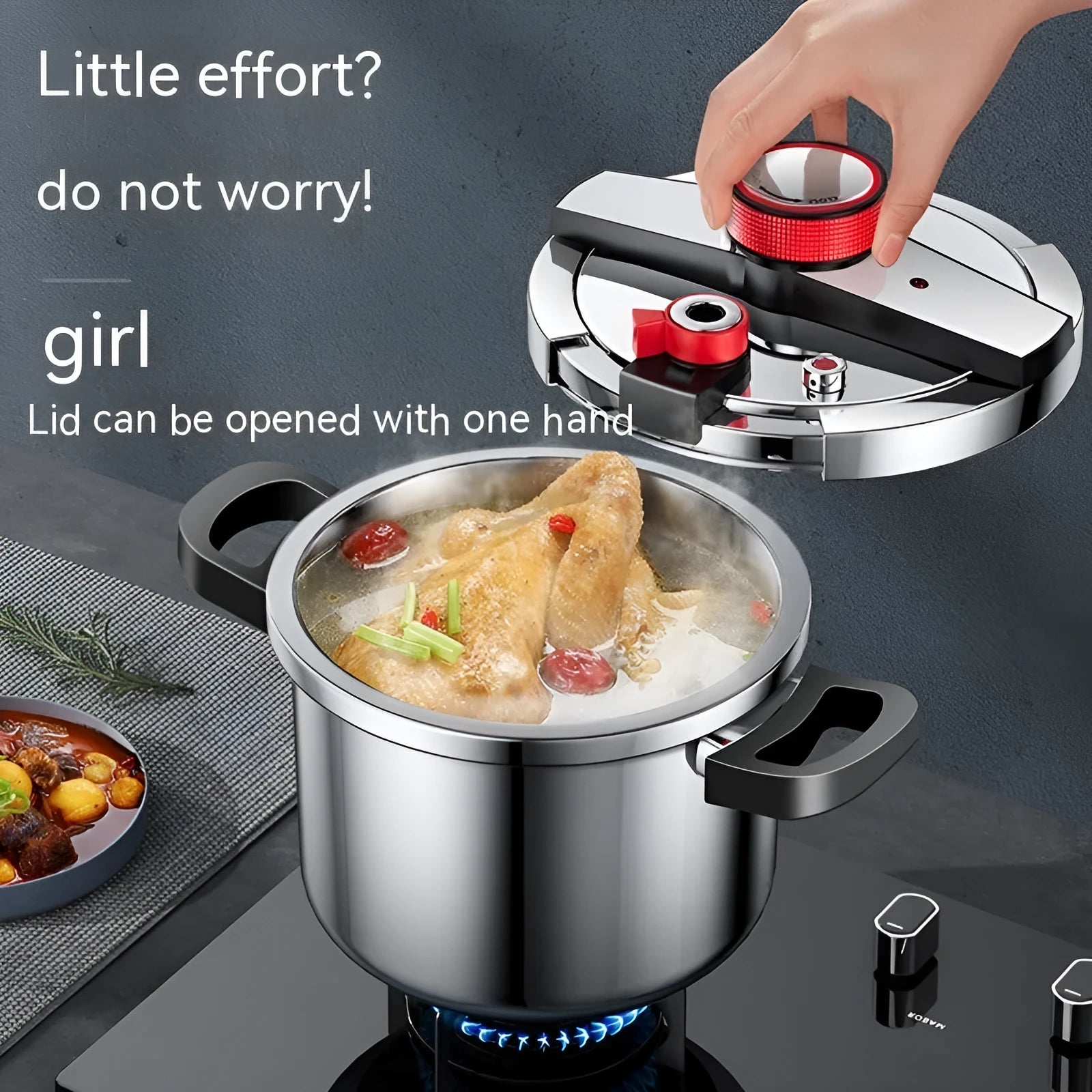 Stainless steel stovetop pressure cooker with a black handle and three-speed pressure lid on a kitchen counter.