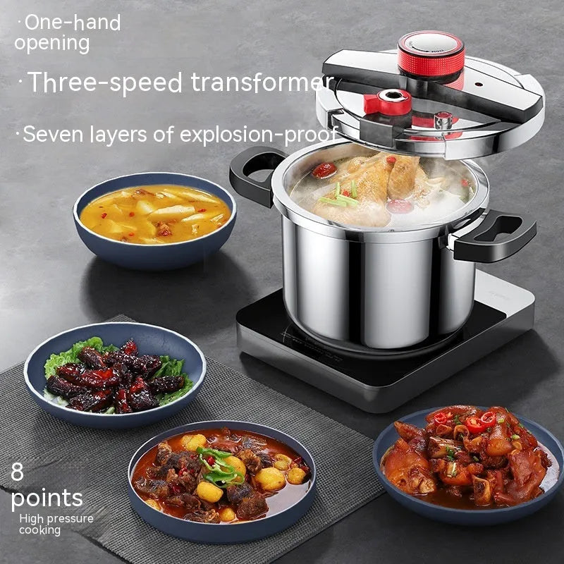 Stainless steel stovetop pressure cooker with a black handle and three-speed pressure lid on a kitchen counter.