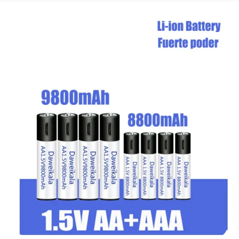 USB rechargeable AA AAA battery 1.5V with 1500 cycles and 9800mAh capacity