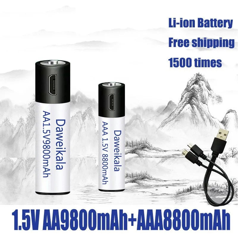 USB rechargeable AA AAA battery 1.5V with 1500 cycles and 9800mAh capacity