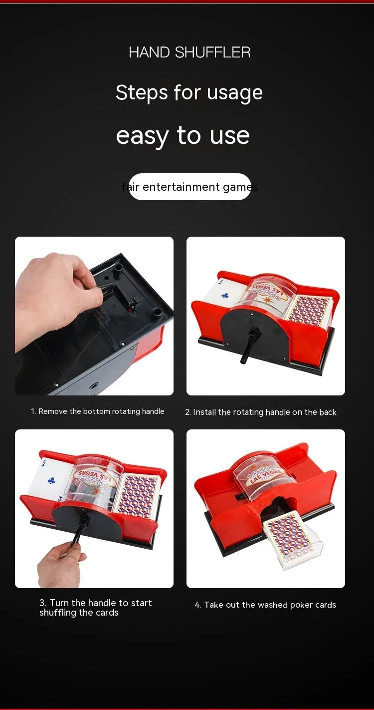 Black manual card shuffling machine with hand crank on wooden table