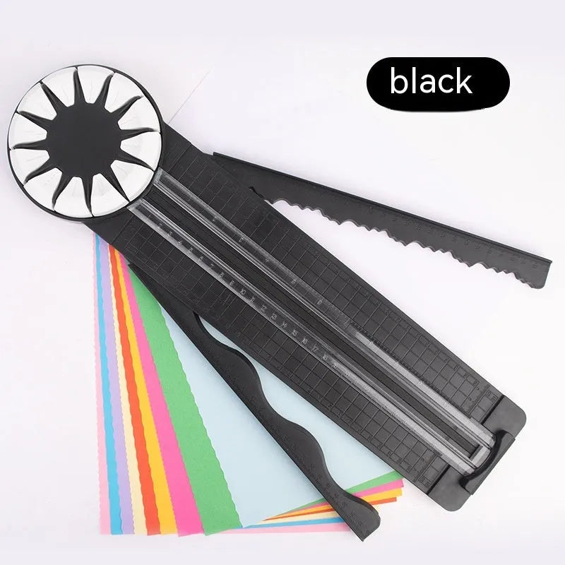 Pink and black 12-in-1 multifunctional plastic paper cutting machine for crafts.