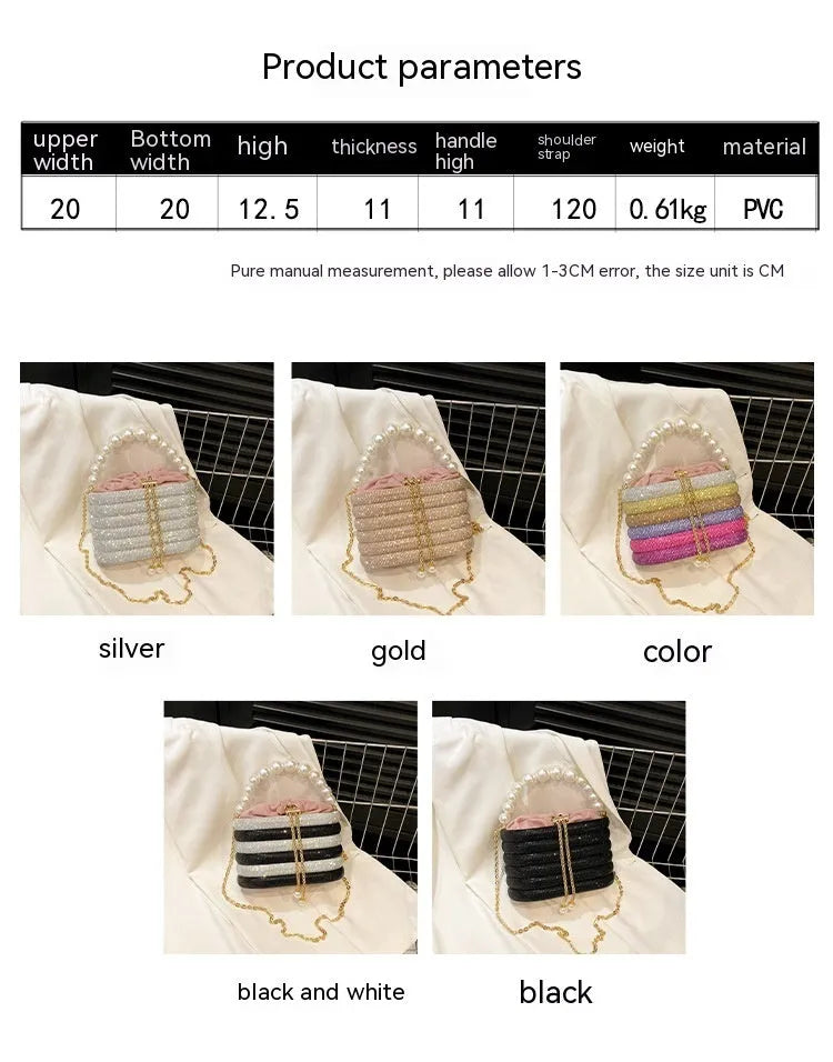 Women's round retro crossbody bag with pearl beading in soft PU material, shown in multiple colours.