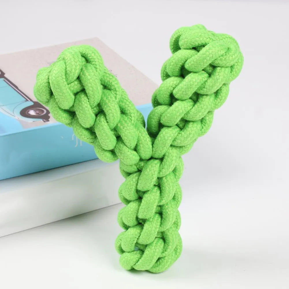 Blue Y-shaped cotton rope dog chew toy for large dogs on a white background