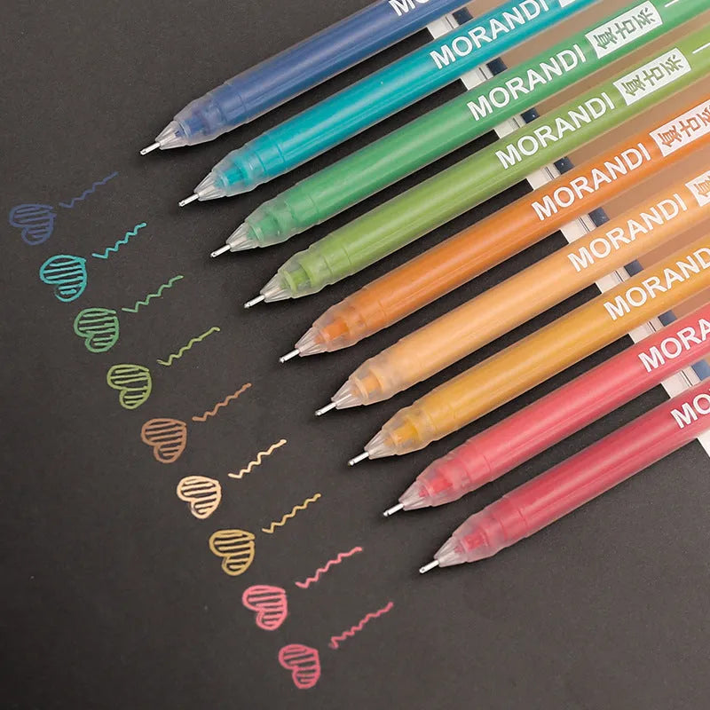 Set of nine colourful 0.5mm needle-tip gel pens with plastic shells arranged in a box.