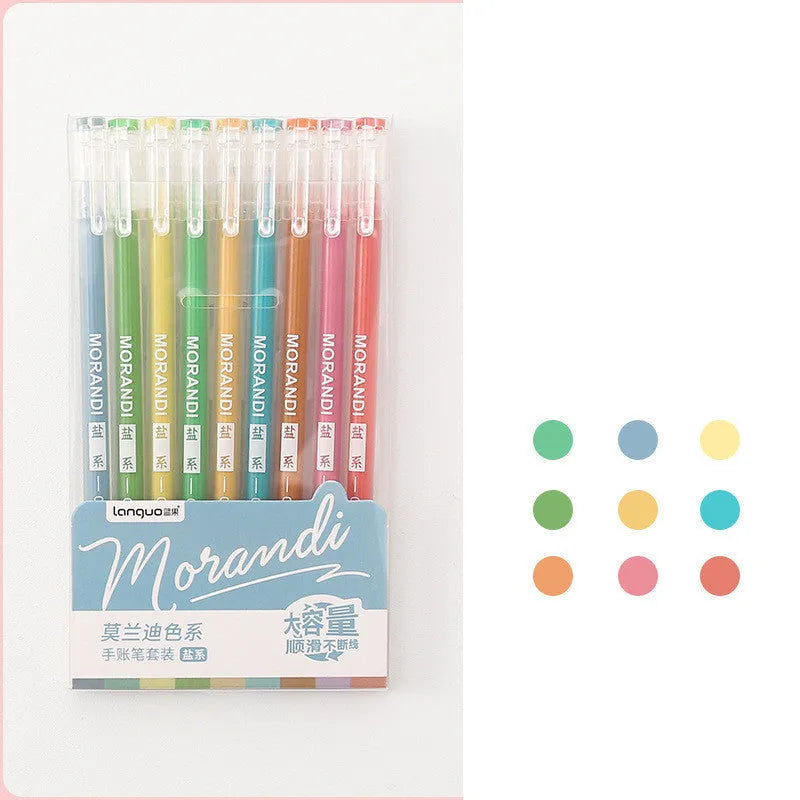 Set of nine colourful 0.5mm needle-tip gel pens with plastic shells arranged in a box.