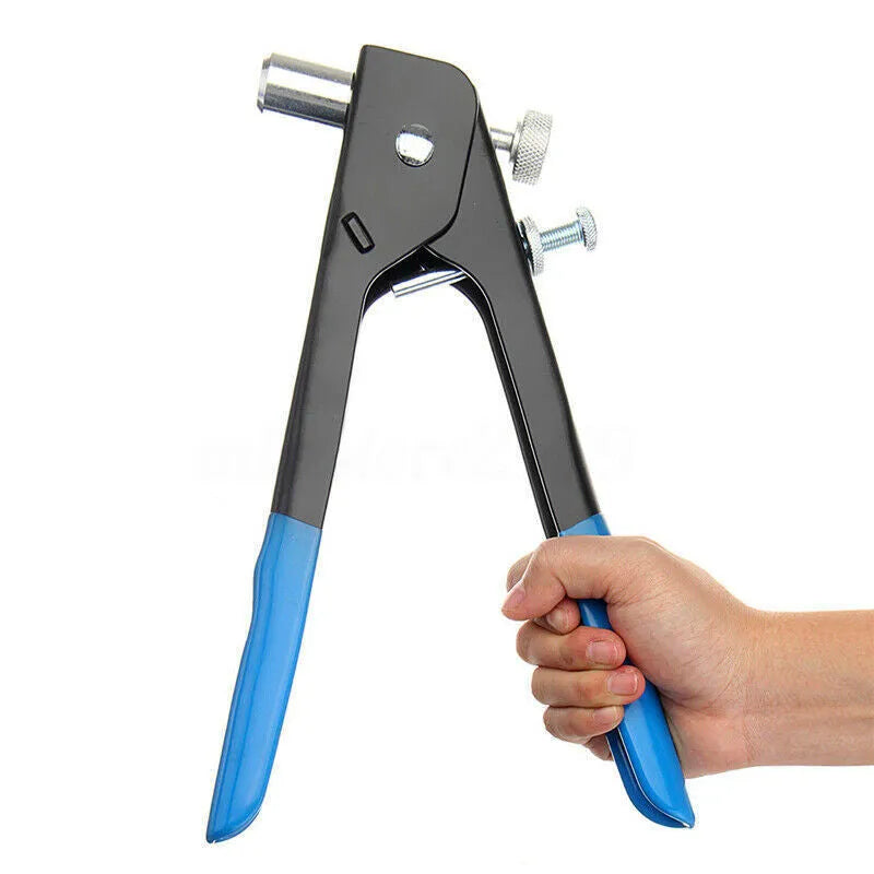 Alloy steel manual hand riveter gun with components from an 86-piece or 106-piece nut set.