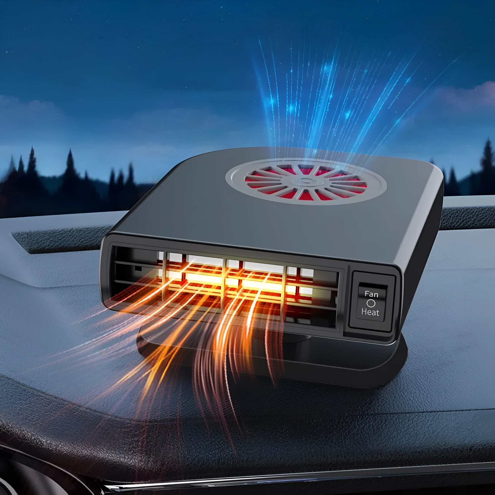 Black ABS vehicle-mounted heater for car defrosting and defogging.