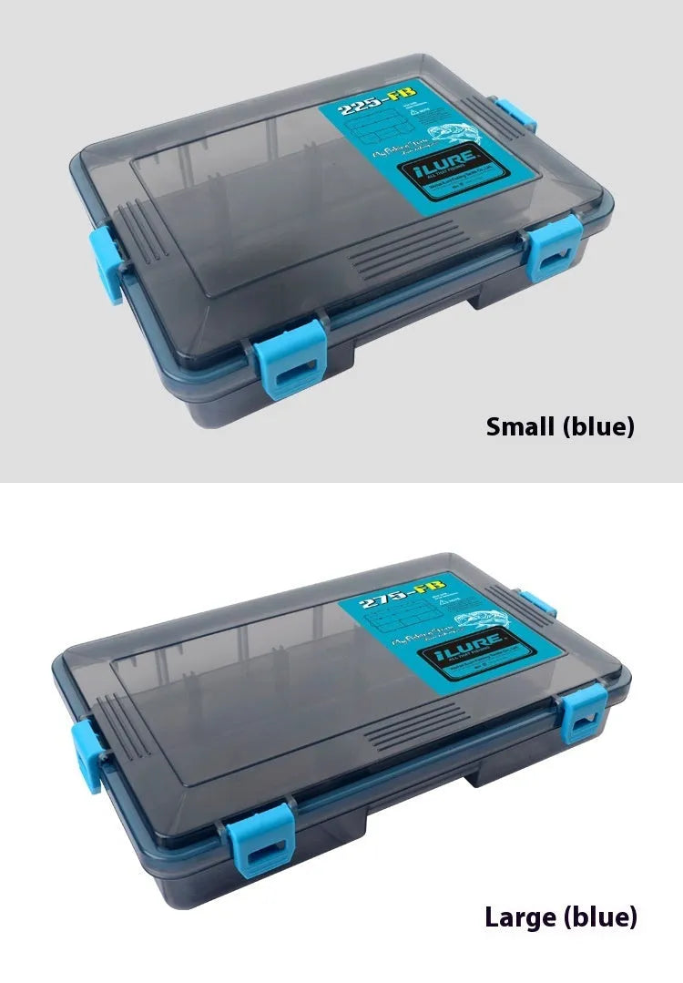 Waterproof plastic fishing lure storage box in blue, shown with internal compartments.