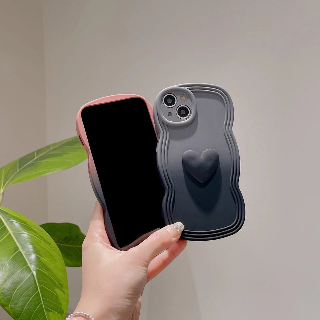 Three-dimensional love gradient wavy edge liquid silicone phone case in red and black, anti-fingerprint, for iPhone 11-14 Pro Max