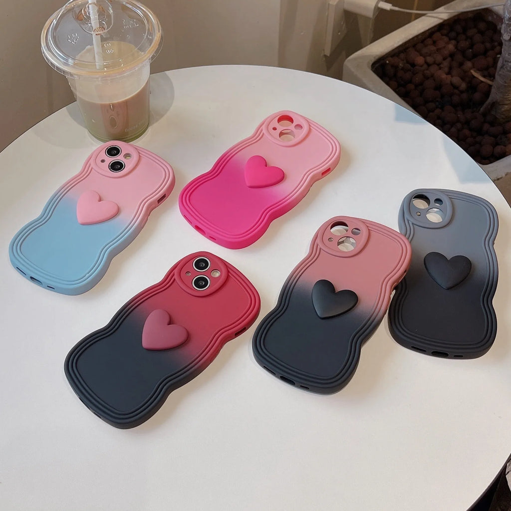 Three-dimensional love gradient wavy edge liquid silicone phone case in red and black, anti-fingerprint, for iPhone 11-14 Pro Max