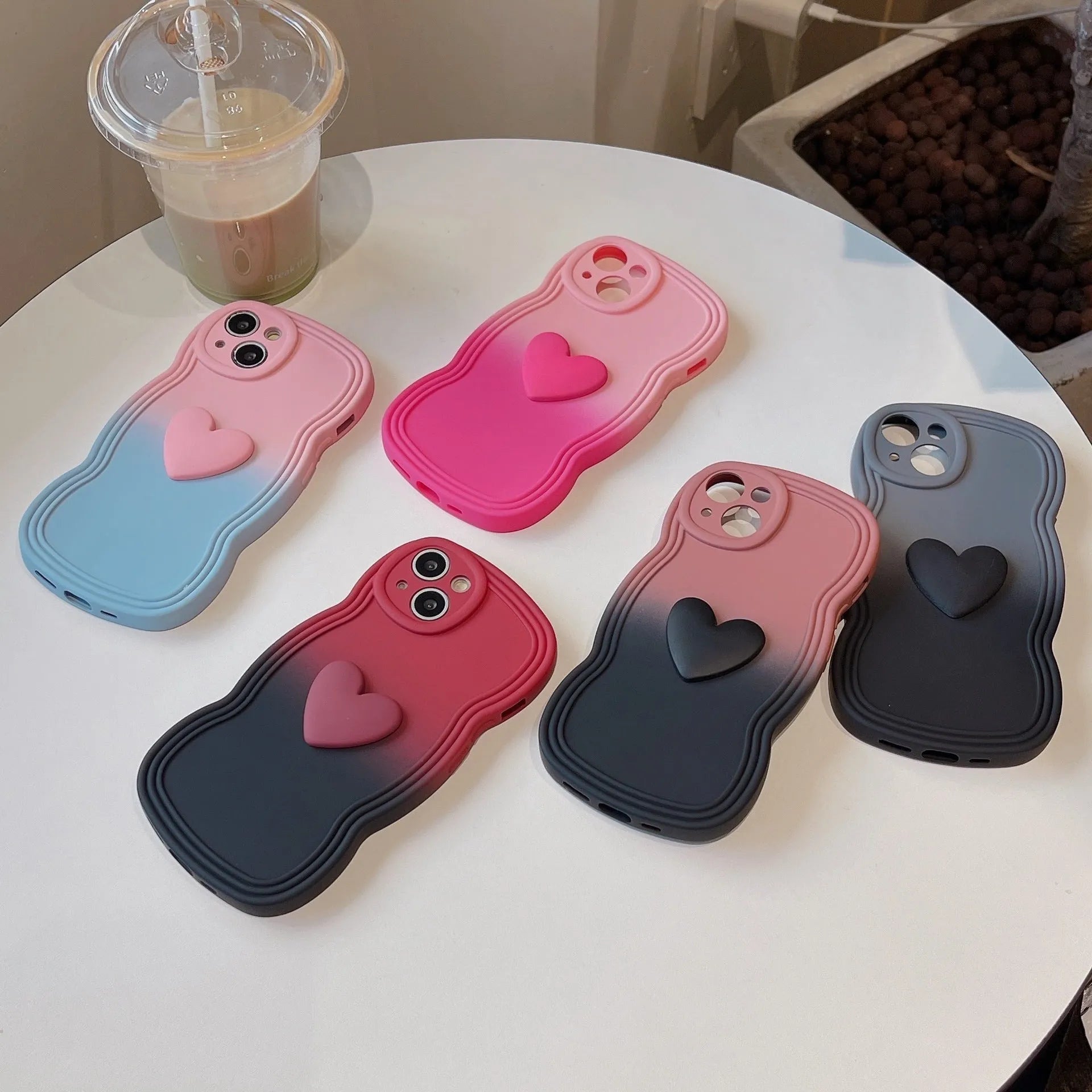 Three-dimensional love gradient wavy edge liquid silicone phone case in red and black, anti-fingerprint, for iPhone 11-14 Pro Max