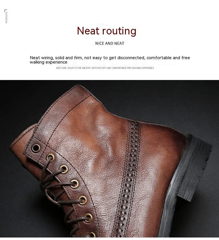 British style brush colour worker boot in brown with low heel, front lace-up, round toe, and artificial PU upper