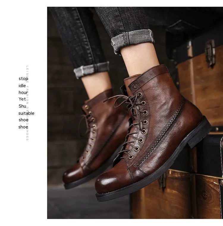 British style brush colour worker boot in brown with low heel, front lace-up, round toe, and artificial PU upper