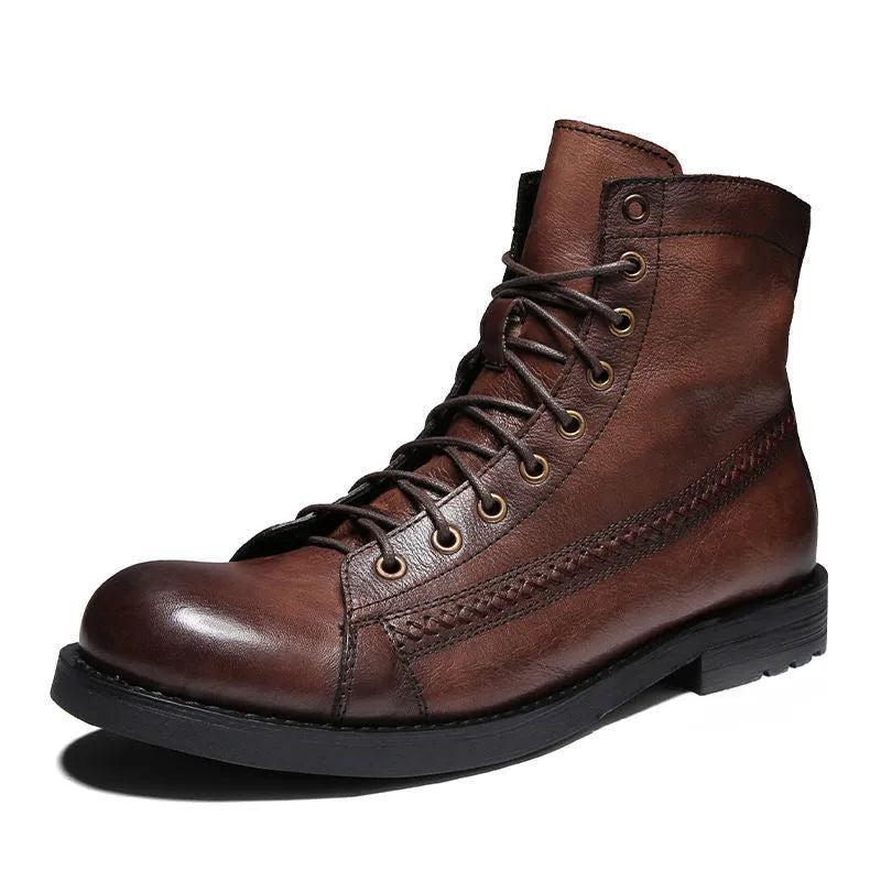 British style brush colour worker boot in brown with low heel, front lace-up, round toe, and artificial PU upper