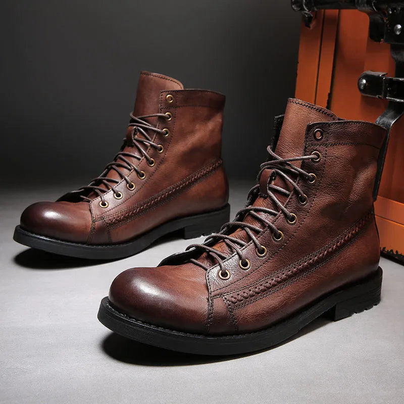 British style brush colour worker boot in brown with low heel, front lace-up, round toe, and artificial PU upper