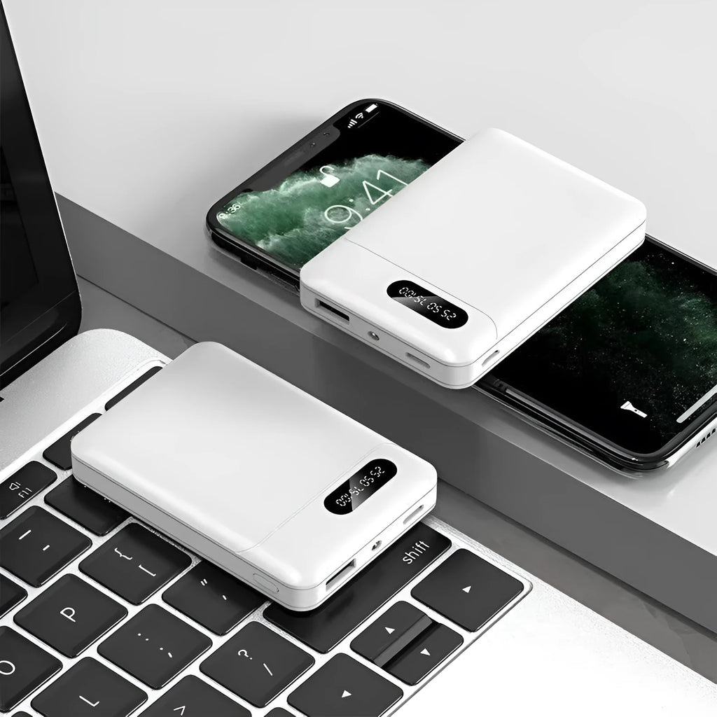 A21 model portable power bank in black or white with multiple USB charging ports