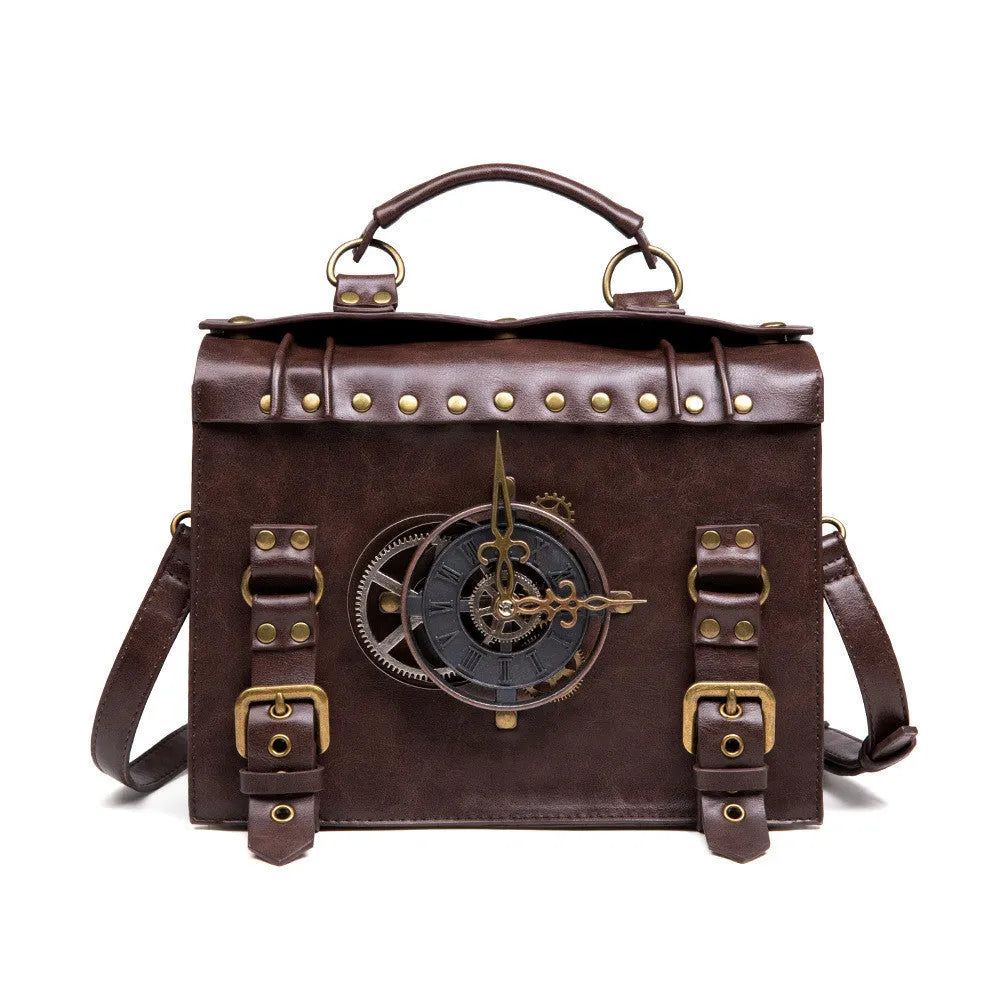 Bronze steampunk industrial retro style shoulder bag with textured PU leather and metal hardware