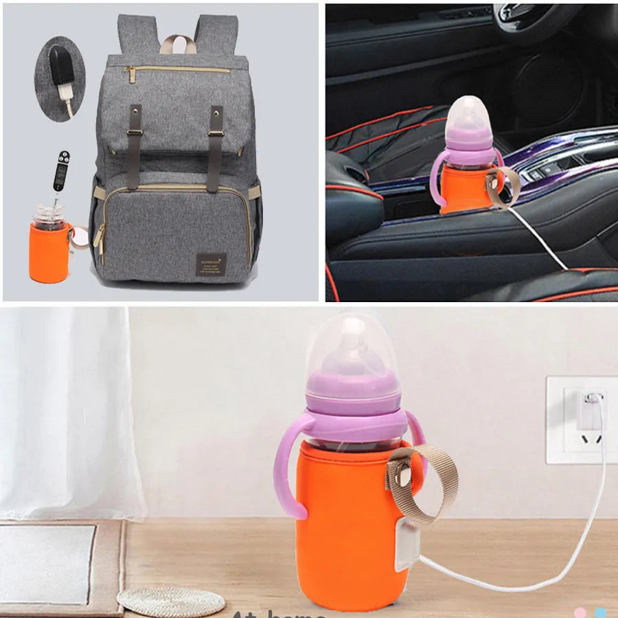 Long blue insulated cotton USB baby bottle warmer wrapped around a feeding bottle.
