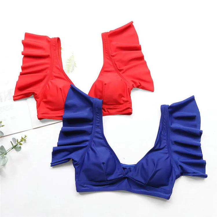 Women's two-piece polyester swimsuit in blue, with front view on model