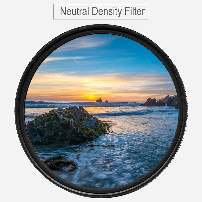ND8 neutral density camera lens filter with silver aviation aluminium frame, shown next to a lens.