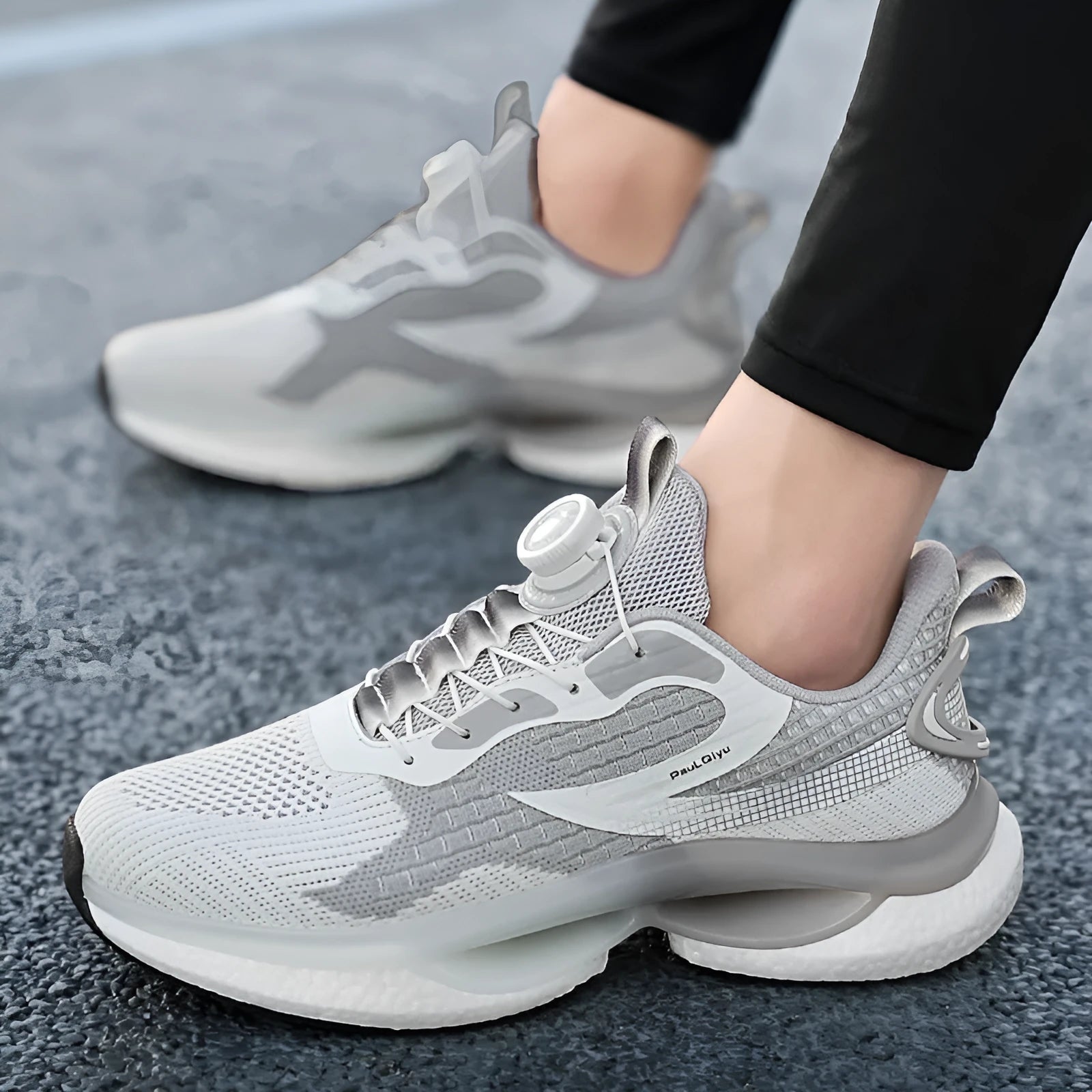 Korean style men's running shoes with rotating buckle in beige colour showing mesh upper details