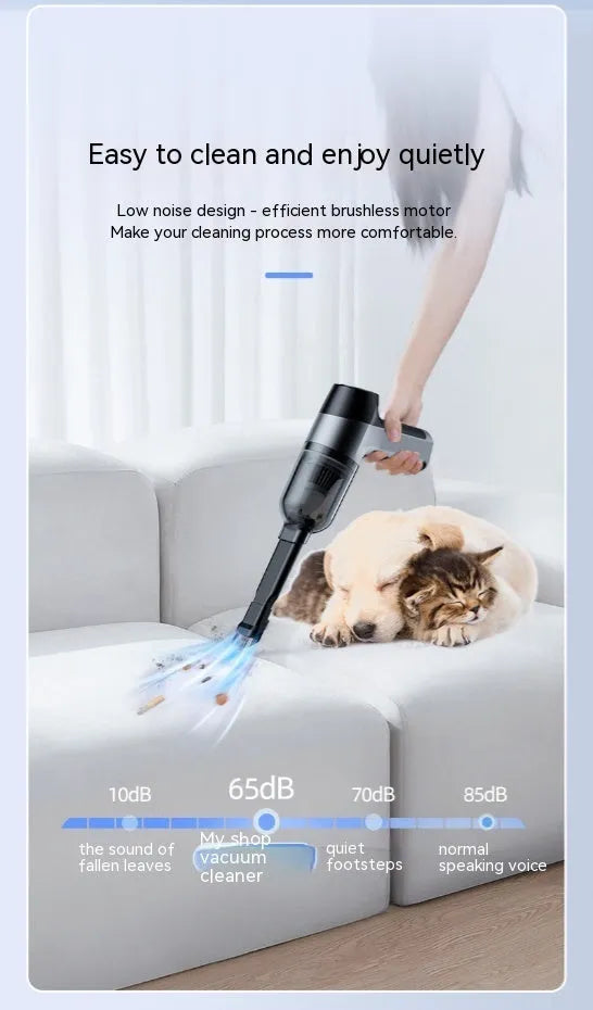 Wireless handheld car vacuum cleaner with brushes and nozzles on grey background