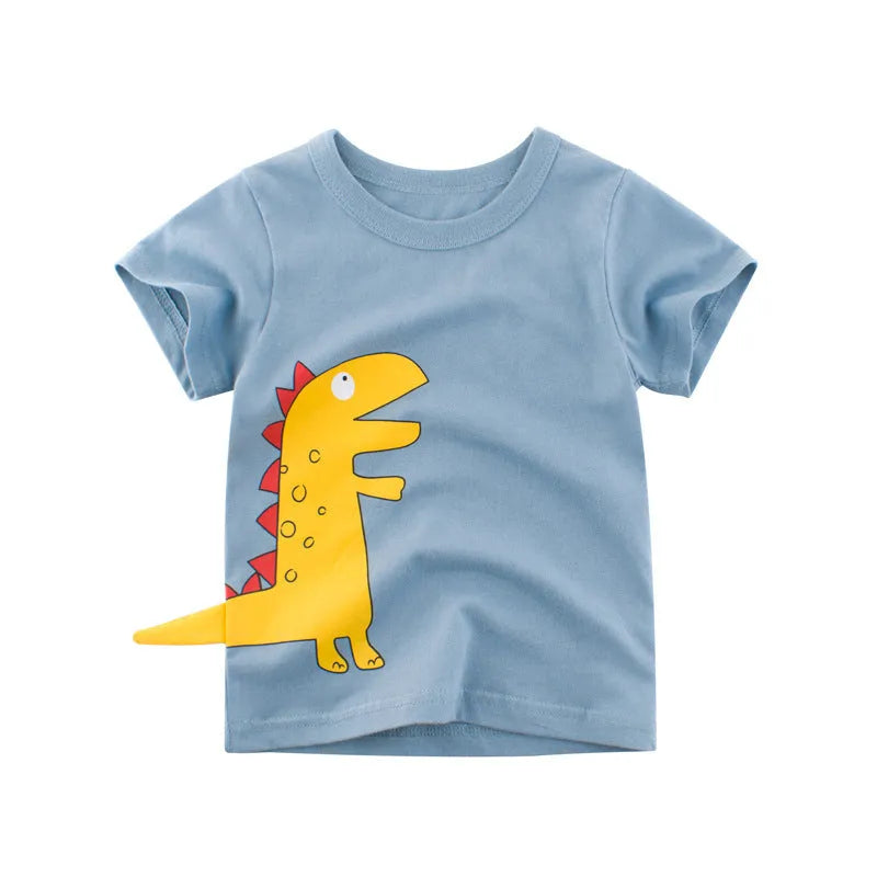 Blue dinosaur kids t-shirt with cartoon print and short sleeves for summer wear