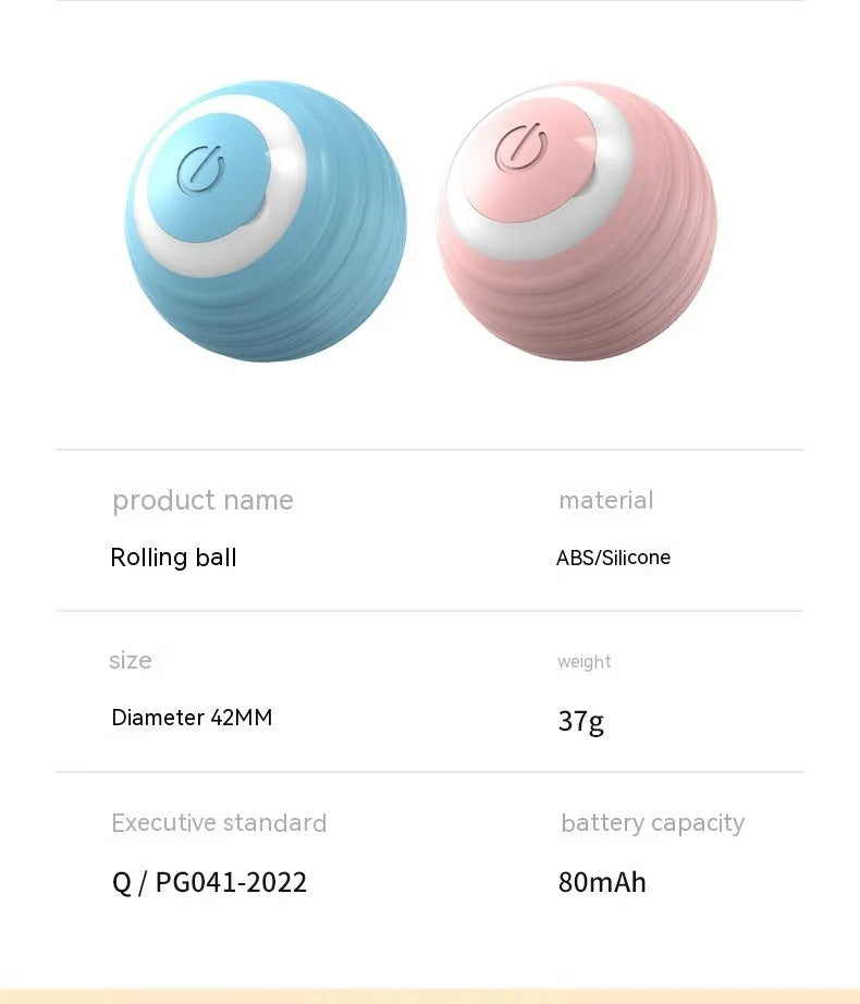 Blue and pink automatic rechargeable moving ball cat toy on a floor.