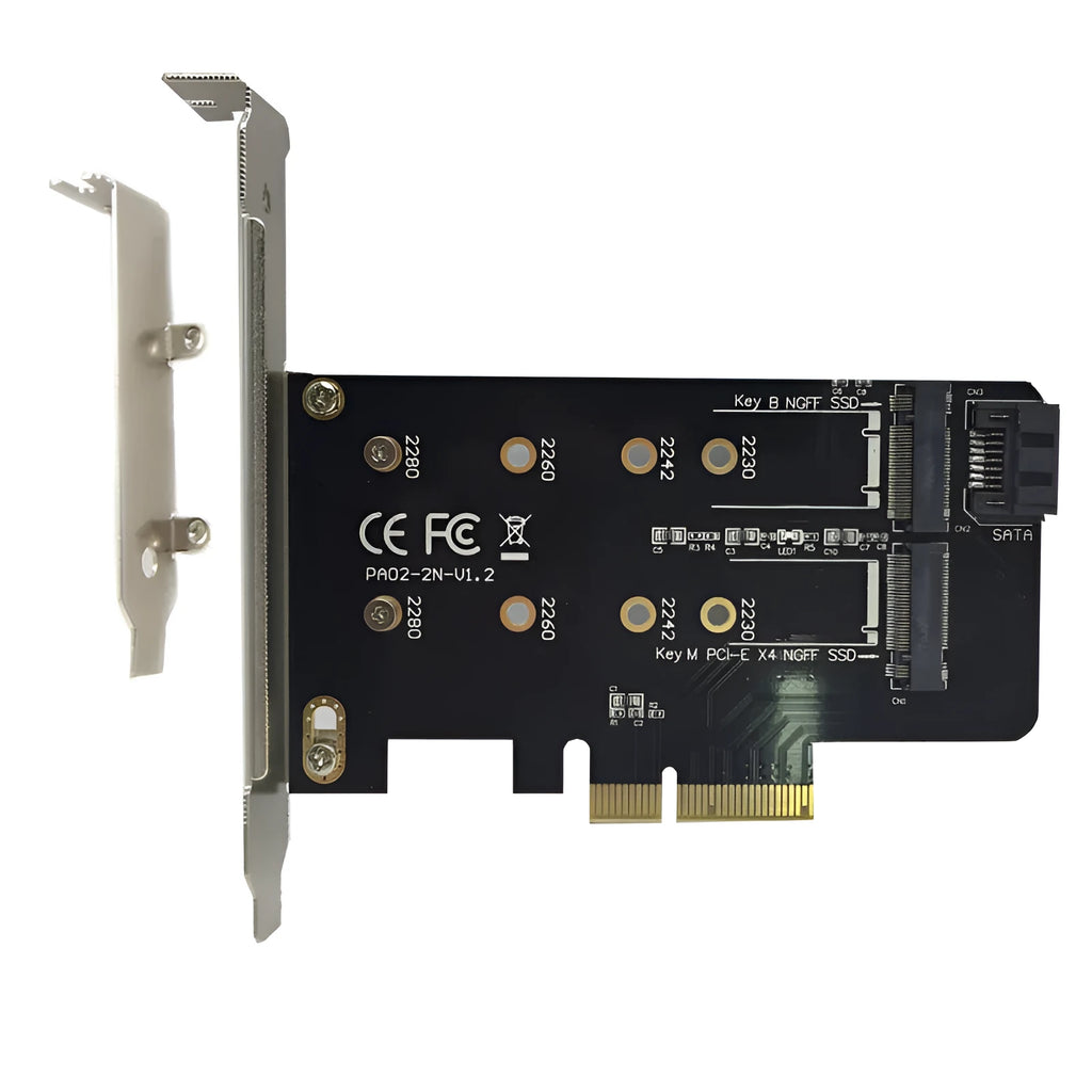 Black M.2 SSD adapter card with PCIe X4 interface, two M.2 slots (Key B and Key M), and support for 2230 2242 2260 2280 sizes